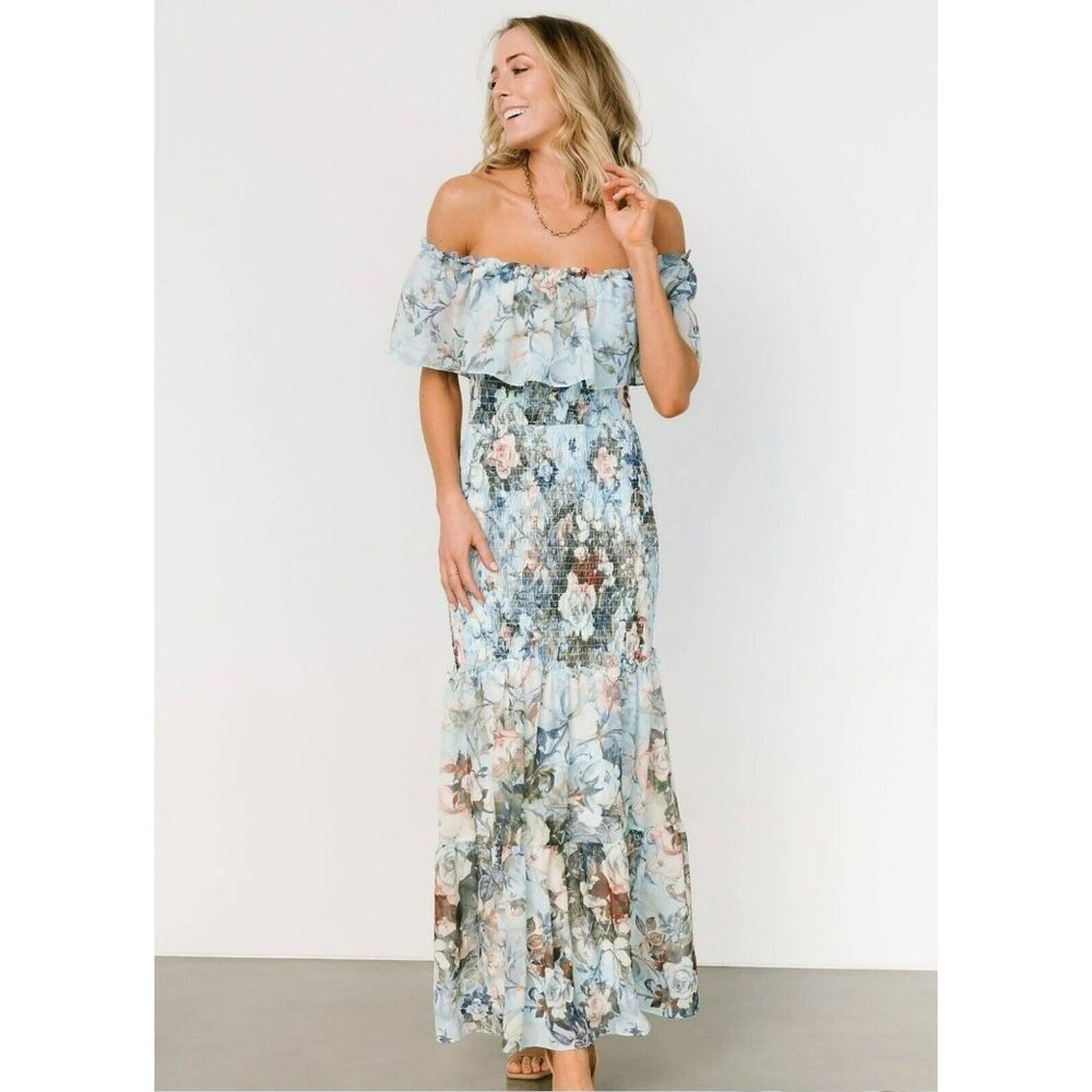 Baltic Born Dress Womens Blue Amalfi Smocked Floral Print Maxi Dress Size Large